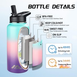 StarSpeed Insulated Water Bottle 32 oz, Stainless Steel Water Flask Double Walled Vacuum Water Jug, 32 oz Wide Mouth Sports Thermo Mug with Straw Spout Lids for Hot & Cold Liquid