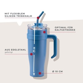 FACKELMANN Insulated Drinking Cup XXL Blue 1200 ml - For Cold Drinks, Made of High-Quality Stainless Steel with Double-Walled Insulation and Flexible Straw Extension