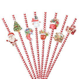 Konsait 24 Pack Christmas Paper Straws, Red and White Christmas Decorative Straws Disposable, Santa Snowman Stocking Christmas Drinking Straws, Holiday Paper Straws Party Supplies