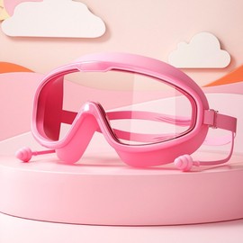 Premium 180° Wide-View Anti-Fog Swimming Goggles with Earplugs White Pink