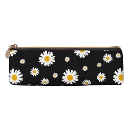 Ykklima White Yellow Daisy Flower Black Leather Pencil Case Zipper Pen Makeup Cosmetic Holder Pouch Stationery Bag for School, Work, Office