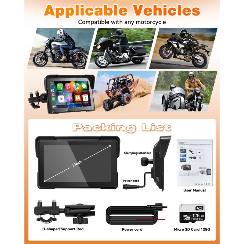 YHTIMIOX Motorcycle CarPlay Screen, 7 Inch Waterproof Touchscreen, Portable Carplay