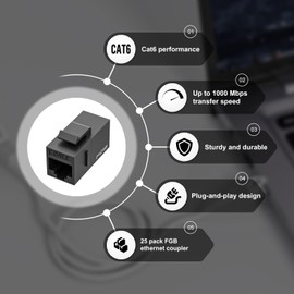 FGB CAT6 RJ45 Keystone Coupler 25-Pack, CAT6 Keystone Jack, Ethernet Coupler Female to Female UTP for Cat6a/Cat6/Cat5e/Cat5, Black