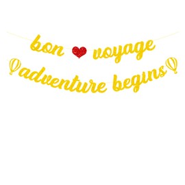 bng-bng Bon Voyage Banner Gold Adventure Bengins Awaits Sign Garlands for Travel Theme Party Moving Going Away Graduation Retirement Farewell Party Supplies Decorations Pre-Strung