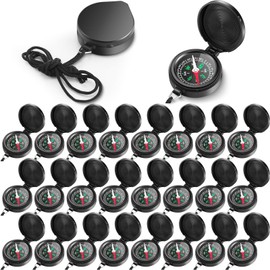 JaGely 24 Pcs Compass for Kids Bulk Gift for Christmas Pocket Compass with Hanging Rope Military Camping Survival Compass for Outdoor Hiking Camping Hunting Climbing(Flip Cover,Black)
