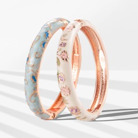 UJOY Vintage Jewelry Cloisonne Handcrafted Enamel Flower Gorgeous Bracelets Gold Hinged Cuff Bangles Gifts 55A18-55A108 White Blue