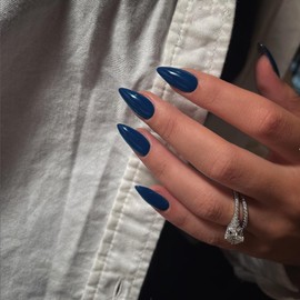 KQueenest Navy Blue Press On Nails Medium Almond - Acrylic Nails for Gluing, Natural Plain Fake Nails Fingernails for Gluing, Shiny Gel Full Cover False Nails for Women, Pack of 24