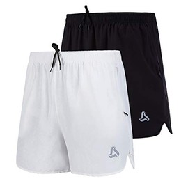 SILKWORLD Men's Running Stretch Quick Dry Shorts with Zipper Pockets(Pack of 2,3) (Black, White (Pack of 2), Medium)