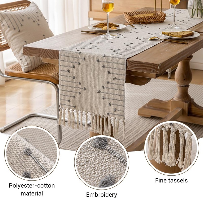 Boho Table Runner, Natural Cotton Woven Runner with Tassels Fall
