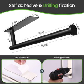 Paper Towel Holder Under Cabinet - Wall Mount & Self-Adhesive, Black Stainless Steel, Hanging Paper Towels Holder for Kitchen & Bathroom, Strong Stick-On or Screw Mount Kitchen Paper Towel Rack