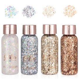 Pack of 4 Popular Colours Glitter Gel, Mermaid Sequins Chunky Glitter Liquid Gel Face, Glitter Face Body, Glitter Makeup for Masquerade Party (4 Popular Colours)