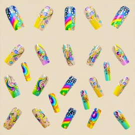 Medium Press on Nails Square Fake Nails Rainbow Color Gradient Acrylic Nails Glossy False Nails with Colorful Stripes Designs Cute Stick on Nails Reusable Glue on Nails for Women Girls 24Pcs