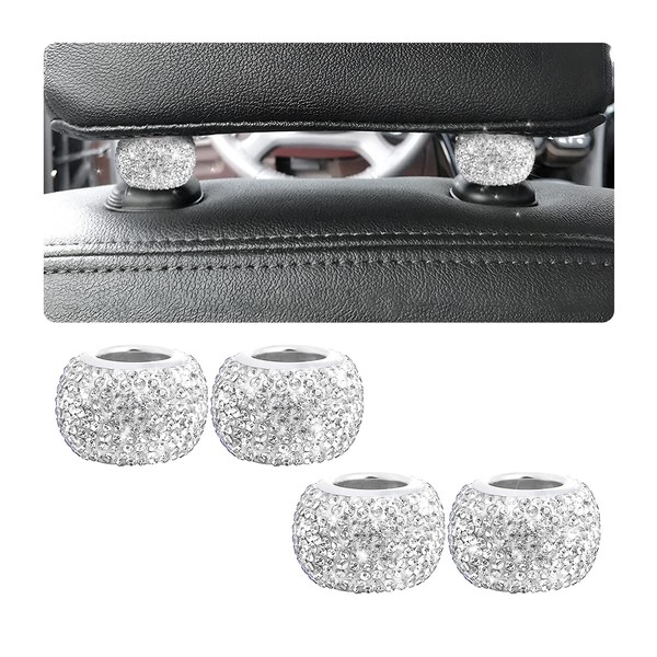 Osilly Car Bling Headrest Collars, 4 Pcs Car Head Rest Collars Rings Decoration, Rhinestone Crystal Diamond Interior Accessories for Auto Head Rest, Crystal Charms for Car SUV Truck (White)