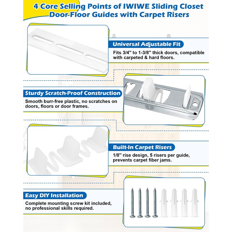 IWIWE Adjustable Sliding Closet Door Floor Guides with Carpet Risers