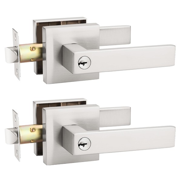 KNOBWELL 2 Brushed Nickel Door Knob with Lock and Key,