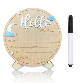 Baby Announcement Sign, ​5.9 Inch Wooden Hello World Newborn Signs, Birth Announcement Sign, Quiet Night Crescent Stars Decoration, Welcome Newborn Arrival To World, Hospital Nursery for Baby (White)