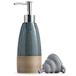 12 oz Dish Soap Dispenser with 2 Pumps, Ceramic Hand Soap Bottle for Shampoo, Body Wash, Lotion, Liquid Dispenser for Kitchen Countertop with Silicone Funnel, Blue