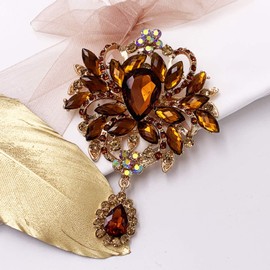 LAXPICOL Wedding Bridal Big Brown Crystal Rhinestone Bouquet Brooch Pin for Women Golden Tone