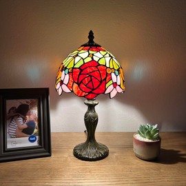 enjoy decor lamps Tiffany Mini Table Lamp Red Orange Stained Glass Rose Flowers Pull Chain Switch LED Bulb Included for Living Room Bedroom Bedside 8" D*8" W*15" H