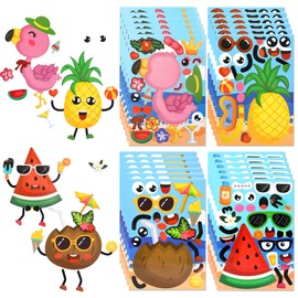 24PCS Hawaii Make a face Sticker Sheets, Make Your Own Pineapple Flamingo Stickers, 24pcs Tropical Luau Craft Project for Kids, Summer Beach Mix and Match Stickers, Hawaiian Party Favors for Boy Girls
