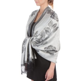 Sakkas Two Tone Floral Rose Reversible Pashmina Scarf Shawl Wrap Stole for Women - White/Black
