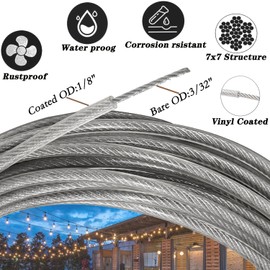 Roxanned 1/8" Stainless Steel Cable,100ft Wire Rope Kit Turnbuckles for Cables Wire, 7x7 Strand Core 3/32" Overmolded to 1/8" Metal Cable for Outdoor Hanging Kit,Garden Fence,Decor, Plant Hanger