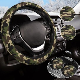 Green Camo Steering Wheel Cover Anti-Slip and Practical 14.5-15 Inch Universal Car Steering Wheel Cover with 2 Pieces Car Coasters Suitable for Men Women