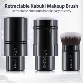 ENERGY Kabuki Brush Retractable - Makeup Kabuki Foundation Brush Travel for Liquid, Blush, Loose Powder & Cream Bronzer Blending, Buffing Cruelty-Free Face Makeup Brushes with Cover Mini (Black)