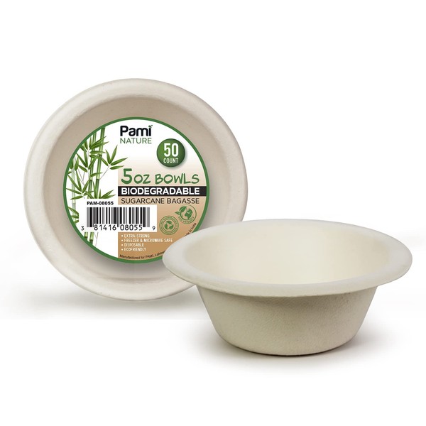 PAMI 100% Biodegradable Sugarcane Bowls [Pack of 50] Natural Compostable Soup Bowls- Planet-Friendly Bagasse Bowls For Hot & Cold Uses- Heavy-Duty Disposable Microwavable Paper Serving Bowls (5 oz.)