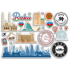 A5 Sticker Sheet Baku Landmarks Vinyl Stickers - Azerbaijan Airport Stamps Skyline Flag Map Travel Holiday Scrapbooking City Luggage #79145