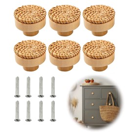 RUNEAY Rattan Furniture Knobs with Screws 40 mm Furniture Knobs Wood Boho Decoration Cabinet Knobs Dresser Knobs Natural Furniture Knobs for Cupboard, Drawers, Living Room, Kitchen Cabinets (Pack of