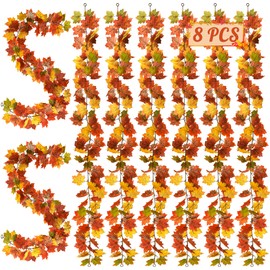 Helimoto Maple Leaf Garland, 8 Pack 5.9 FT Hanging Fall Garland, Artificial Maple Outdoor Autumn Leaves Garlands, Fall Decorations for Home Thanksgiving Decor Wedding Party Wall Fireplace Mantle