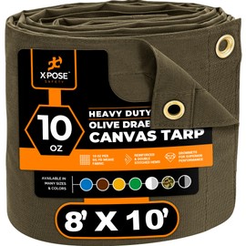 Xpose Safety Canvas Tarp - 10oz Olive Drab Canvas Tarps Heavy Duty Water Resistant with Brass Grommets- Multipurpose Outdoor Tarpaulin for Camping, Canopy, Trailer, Equipment Cover 8' x 10'