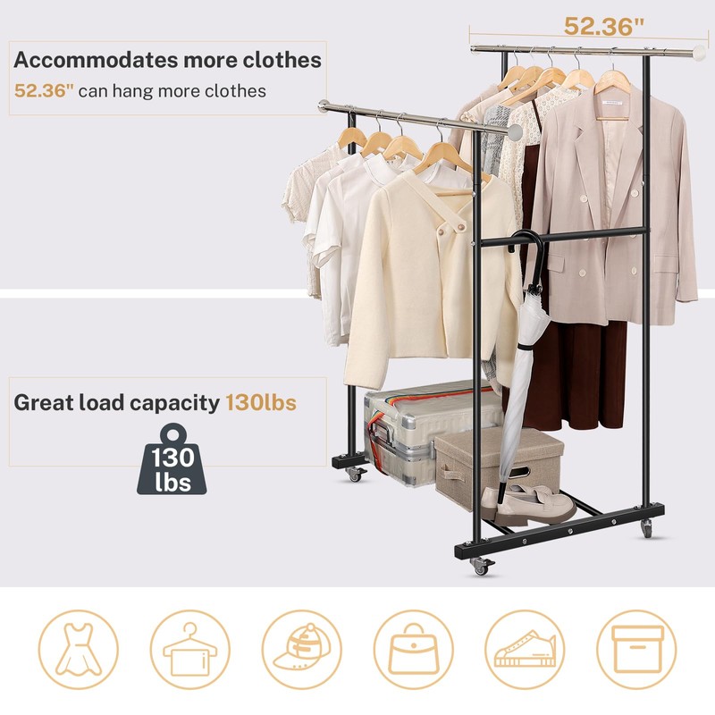 VICERII Clothes Rack, Double Clothing Rack with Wheels and Extra