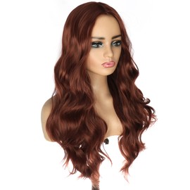 PORSMEER Long Wavy Wigs for Women, Synthetic Curly Hair Wigs, Natural Looking, Heat-Resistant Fibre, Reddish Brown Wigs, Centre Parting for Women, 26 Inches