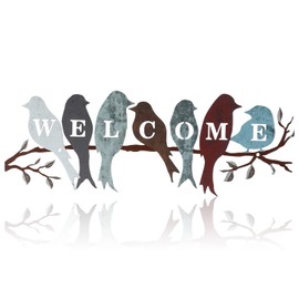 Peryiter Bird Wall Art Birds on Branch Welcome Sign Hanging Outdoor Metal Wall Decor Welcome Signs for Porch Vivid Bird Statue Welcome Wall Decor Tree Silhouette for Bedroom Garden(Vintage Colors)