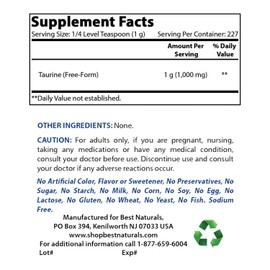 Best Naturals 100% Pure Taurine Powder Free Form - Taurine 1000mg per Serving - 1 Lb (454 gm) (1 LB (Pack of 1))