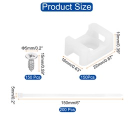 DMiotech 150Pcs Magnetic Zip Tie Mount with 6" Cable Zip Ties and Tapping Screw Organizer Holders Clamps Multipurpose Cable Tie Holder Set for Cable Wire Tubing Sleeving Conduit,White