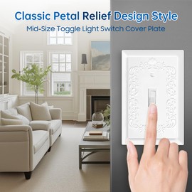 Petal Relief Design Classic Style White Modern Decorative Outlet Covers Wall Plates, Toggle Electric Receptacle Light Switch Cover, Mid-Size 4.9 x 3.1 inch(10-Pack Single Toggle)