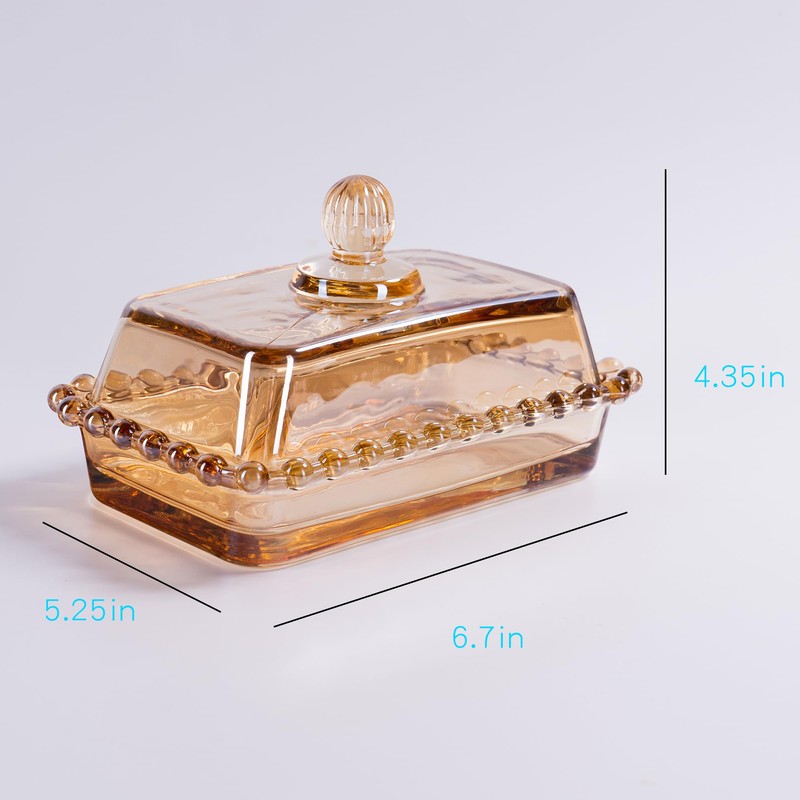 Glass Butter Dish with Lid for Countertop, Champagne Color Crystal