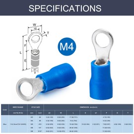 Chanzon 100pcs Blue Ring Terminals - #8 M4 - UL Listed Insulated PVC Eyelet Wire Connector 16-14AWG Gauge Electrical Crimp Connector for Boat Truck Stereo Car