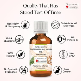 Greenwood Essential Rosemary and Almond Oil for Healthy Hair, Scalp and Roots- Pure and Natural 50ml (1.69oz)