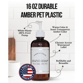 Amber PET Plastic Refillable Feminine Wash Pump Bottle Dispenser with White Plastic Pump, 16 oz Bathroom Bottle with Chrome Accent Waterproof Labels, Reusable Shower Container