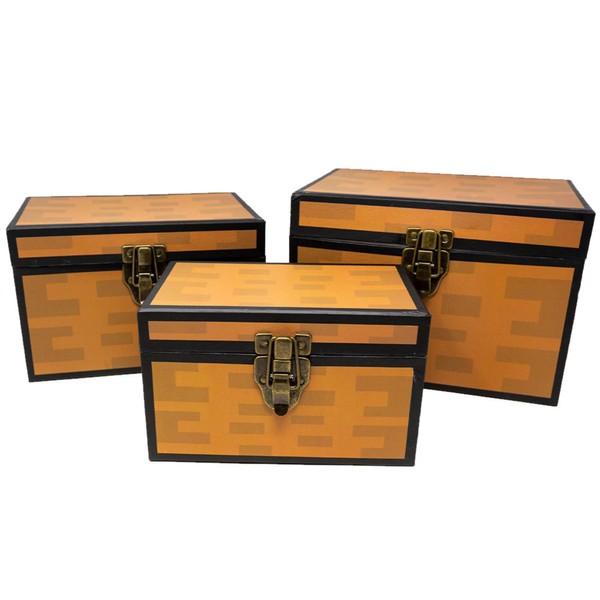 Blue Orchards Pixel Treasure Chest Paperboard Boxes (Set of 3), Decoration for Video Gamers, Birthday Parties, Mining Fun, Storage or Display