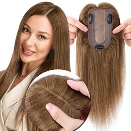 MY-LADY Hair Topper for Women Human Hair for Thinning Hair Loss 7 * 13CM Silk Base 150% Density Real Remy Hair No Bangs Clip in Hair Pieces Straight Hairpiece 14 Inch #06 Light Brown