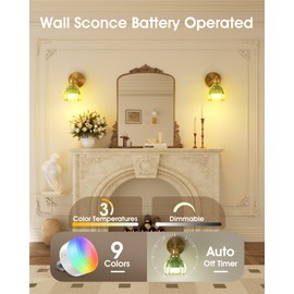 VOLISUN Vintage Battery Operated Wall Sconce,with Green Tulip Glass Lampshade, Wireless Wall Sconce, Rechargeable Battery Powered Wall Light, Sconce Wall Decor for Bedroom Living Room