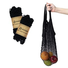 EKOLOJEE Reusable Produce Net Bags Grocery Washable, Mesh Bags For Vegetables, 2 Pack! GOTS-Certified Organic Cotton String mesh Net Market Bag | Mesh Produce Bag Black Color Regular Handles