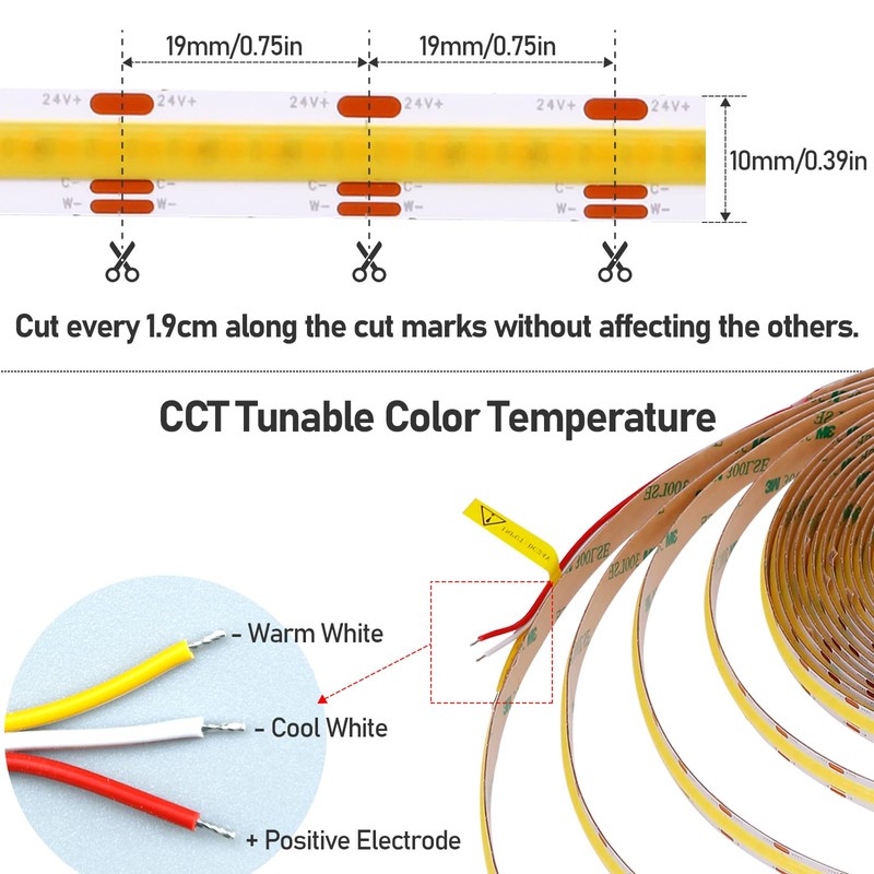 GOMING 24V CCT Tunable White COB LED Strip Lights 2700-6500K