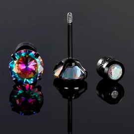 Titanium Round CZ Screw Flat Back Earrings Stud Earrings For Women Men Hypoallergenic for Sensitive Ears