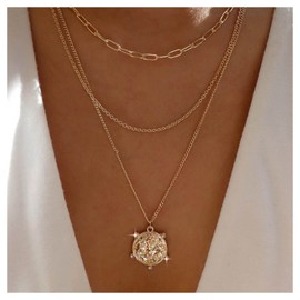 Allereyae Vintage Layered Coin Disc Necklace Hammered Coin Pendant Necklace Medallion Coin Necklace Gold Punk Paperclip Chain Necklace Jewelry for Women